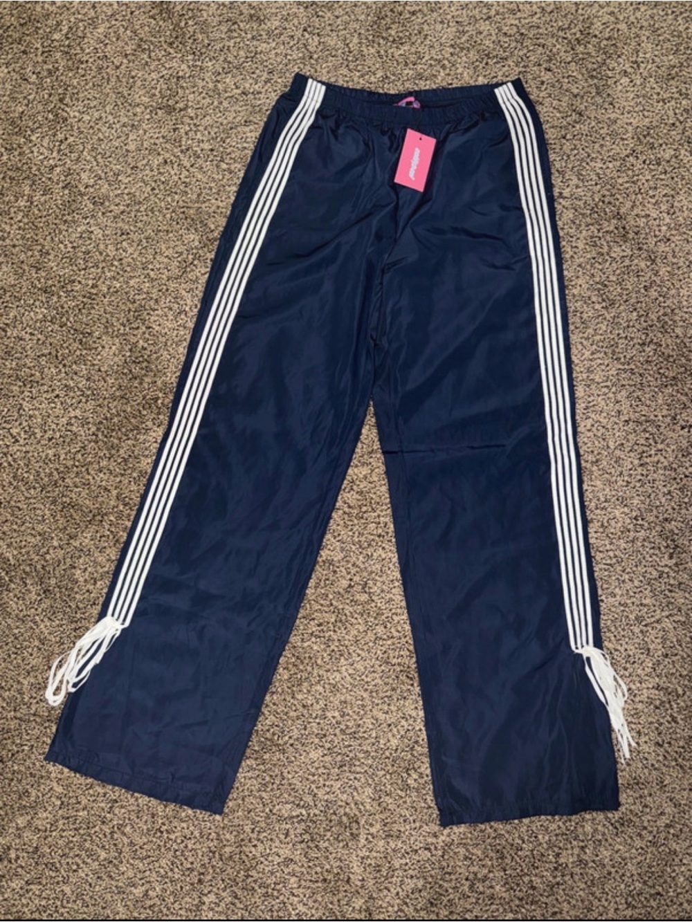 Edikted Navy Track Pants with White Triple Side Stripes